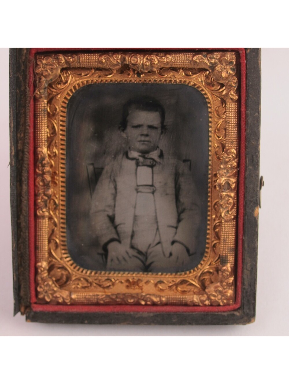 Tintype Photo Boy Sits Chair Dress Suit Union Case US Stamp #R13c Antique 1860s